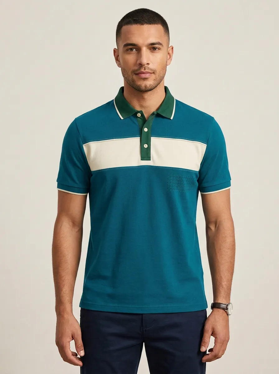 Men's Colorblock Grid Pattern Embroidered Polo Shirt