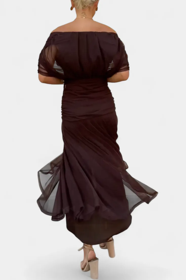 Off Shoulder V Neck Midi Dress