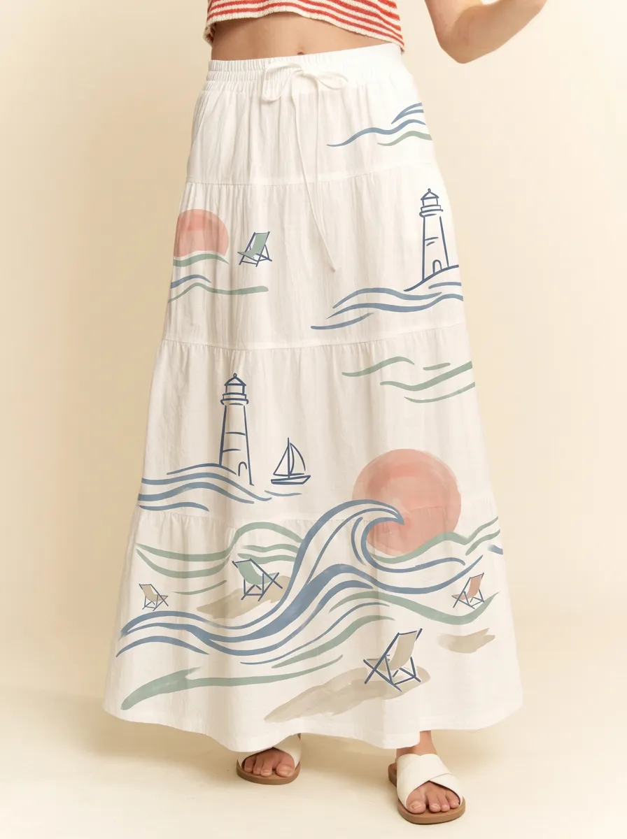 Women's Coastal Lighthouse Ocean Wave Graphic Maxi Skirt
