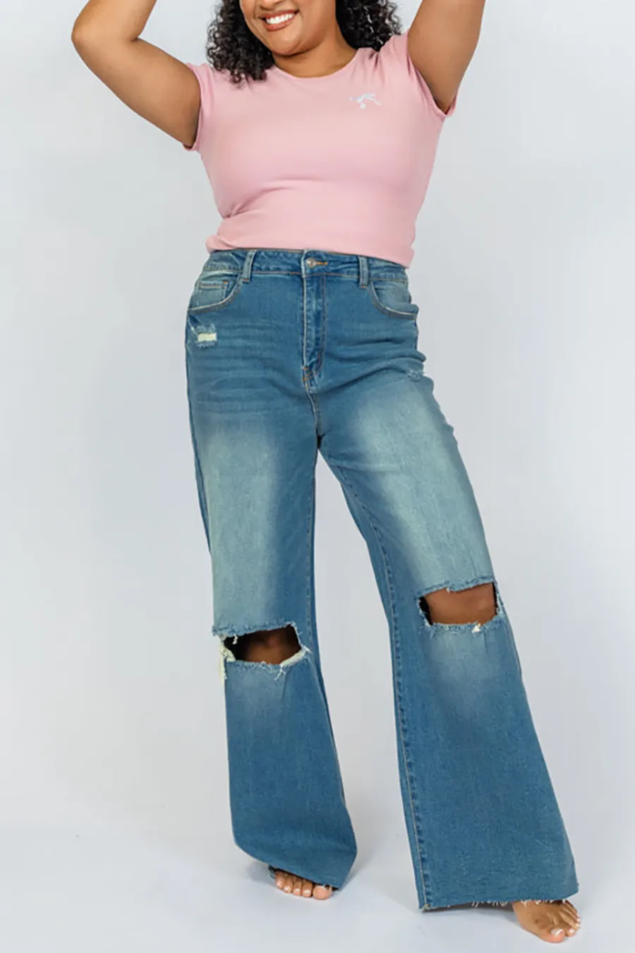 Fashionable Medium Wash Wide Leg Jeans