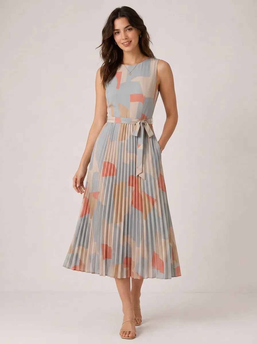 Women's Geometric Abstract Print Sleeveless Pleated Midi Dress