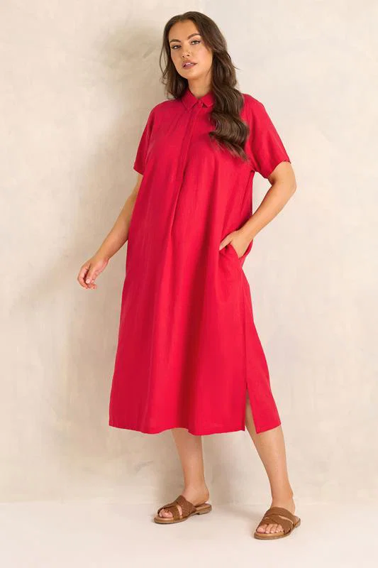Red Premium Linen Shirt Dress detail 3