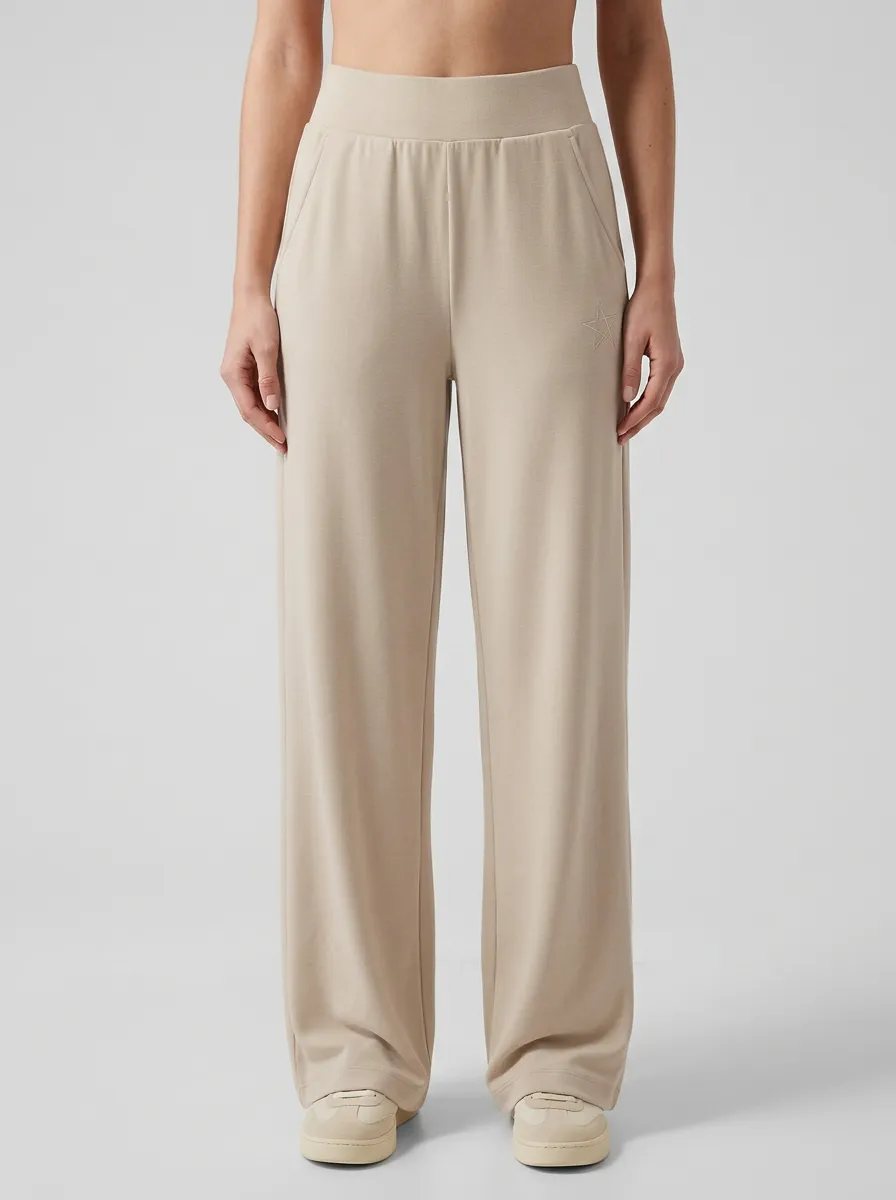 Women's Minimalist Star Embroidered Solid Beige Wide Leg Pants