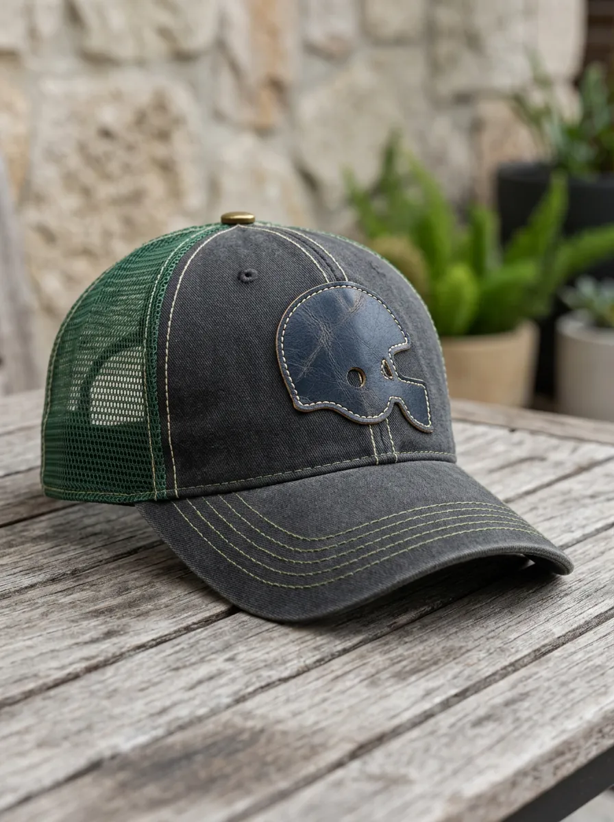 Men's Classic Football Fan Leather Helmet Patch Mesh Trucker Cap