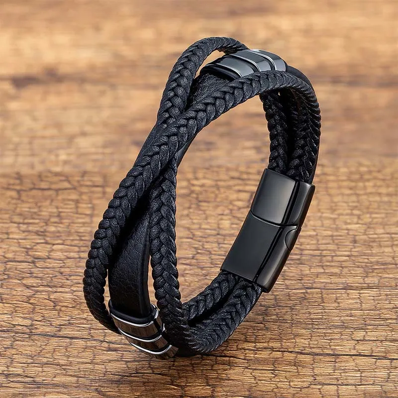 Multi Layered Cross Woven Design Leather Titanium Bracelet