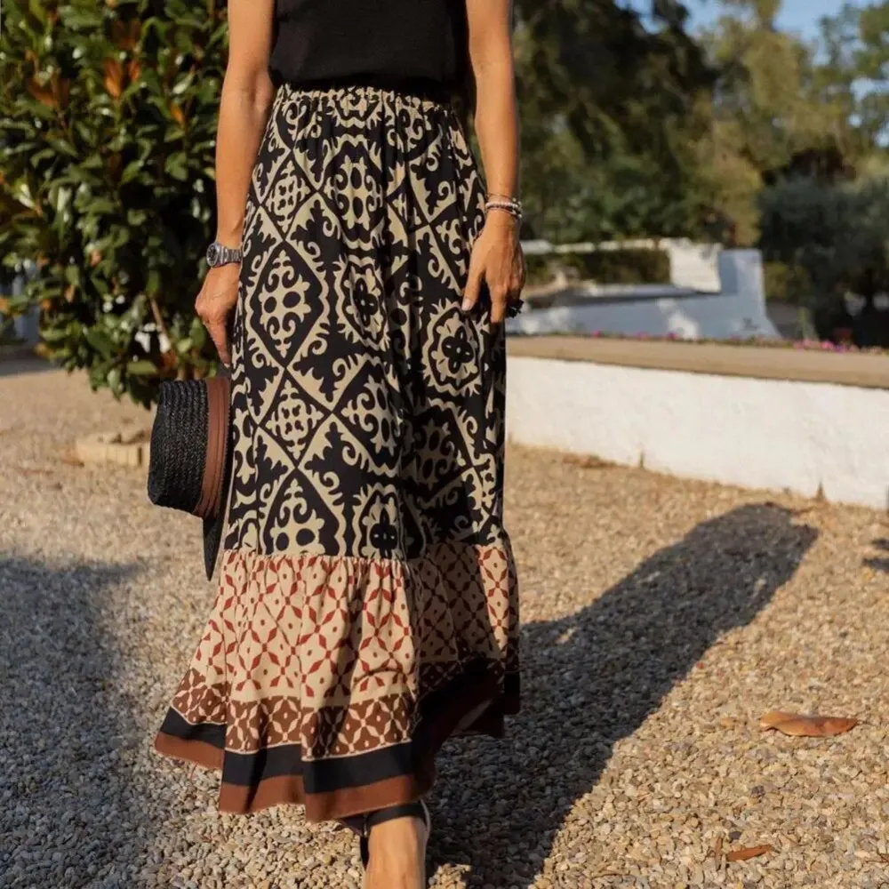  Boho Geometric Print Tiered Maxi Skirt