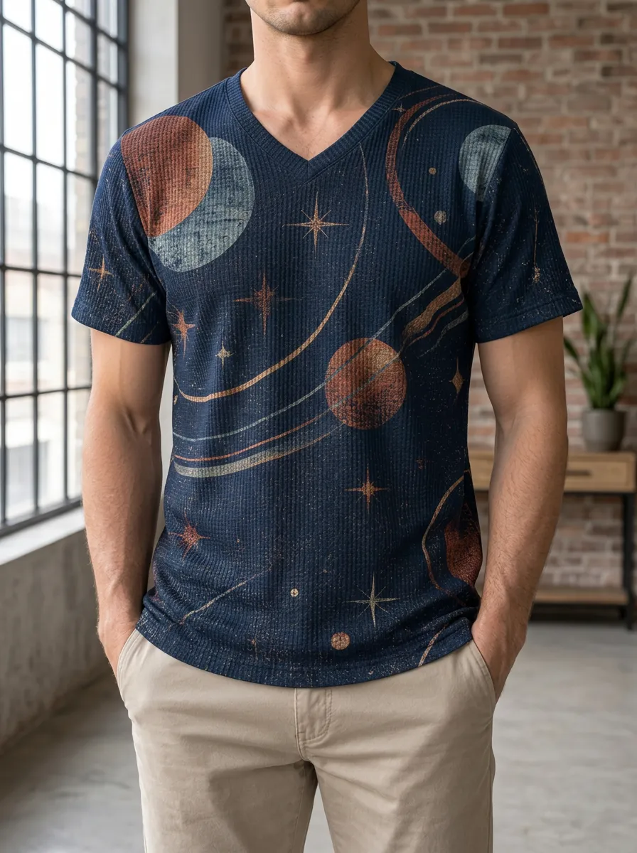Men's Space Astronomy Galaxy Planets Printed V-Neck T-Shirt