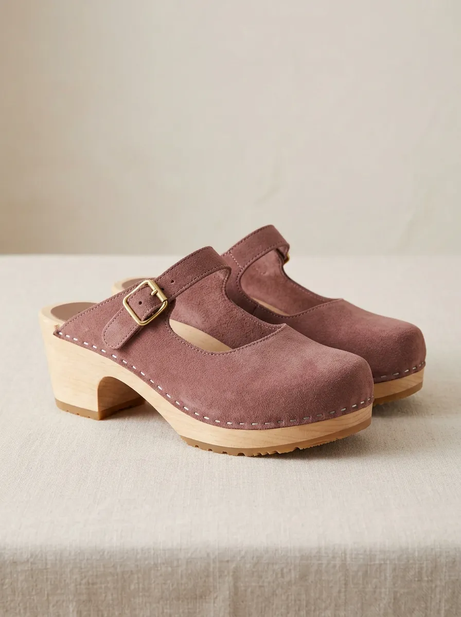 Women's Suede-Look Mary-Jane Wood-Effect Platform Clogs