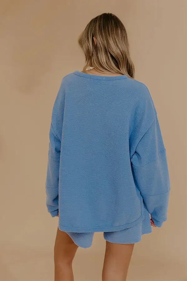 Weekend Wind-Down Waffle Knit Long Sleeve Tee In Light Blue