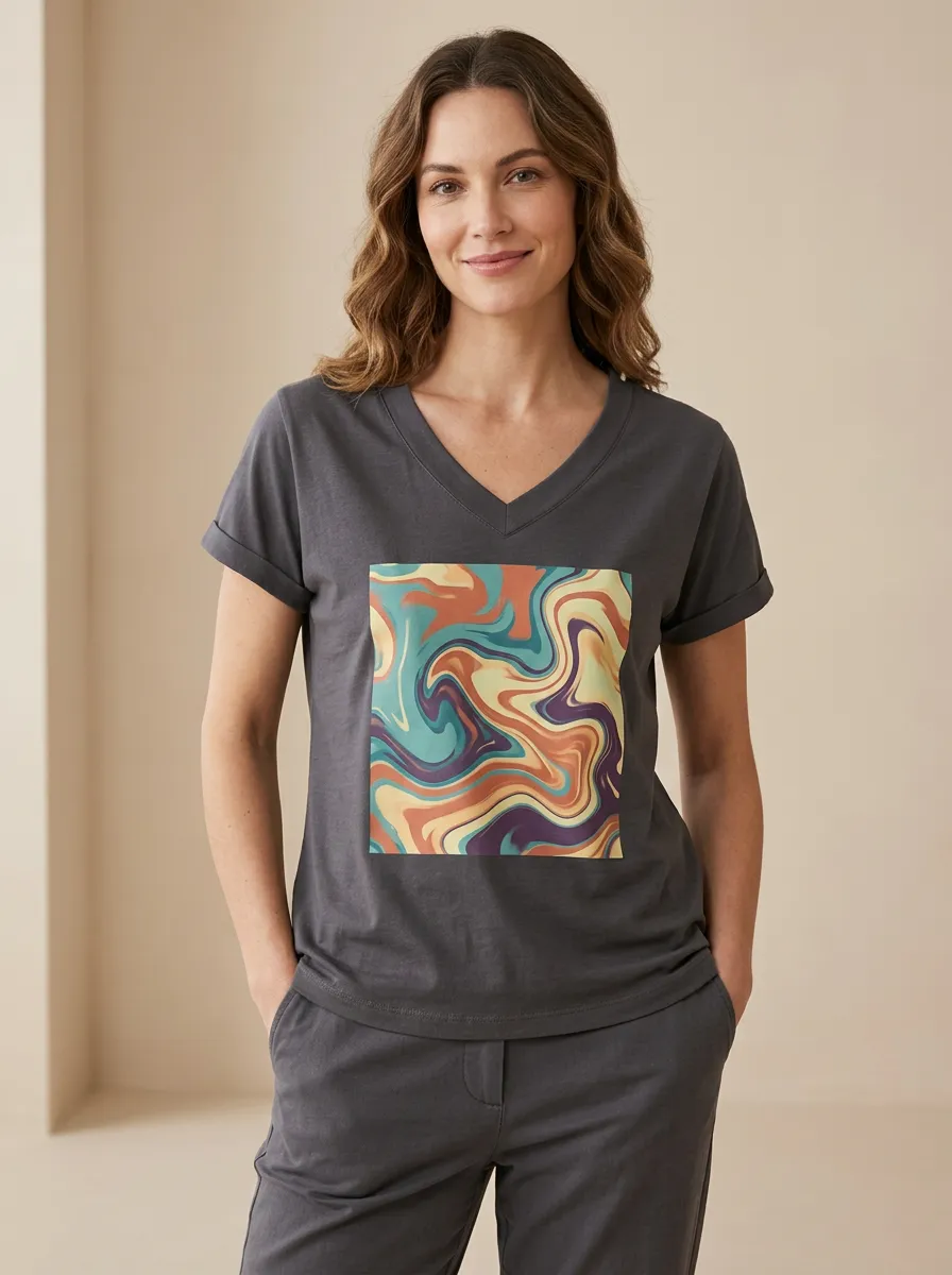 Women's Abstract Art Lover Marble Swirl Printed V-Neck T-Shirt