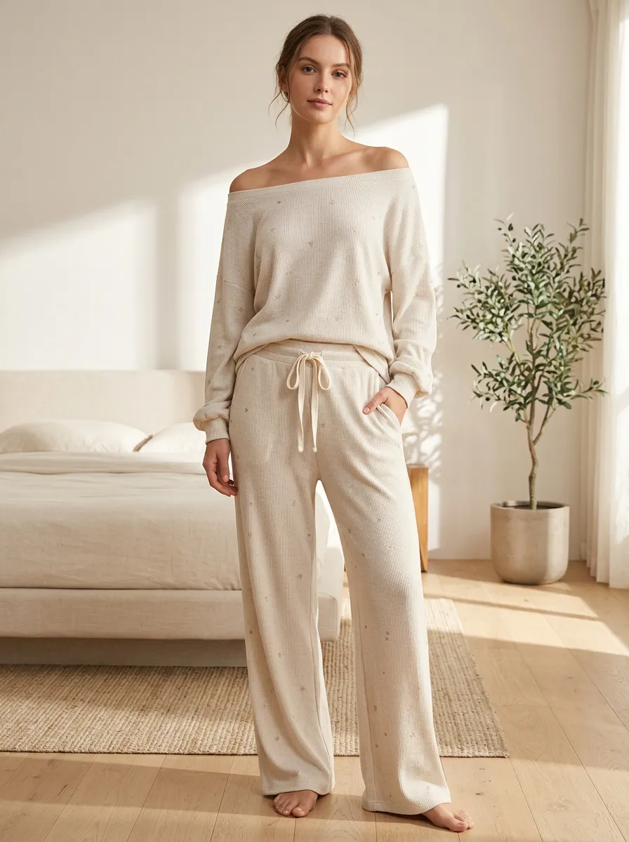 Women's Minimalist Star Pattern Printed Ribbed Loungewear Set