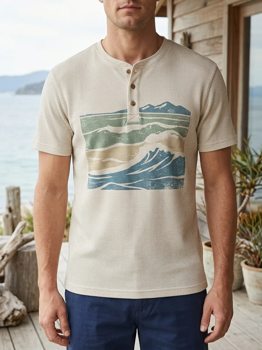 Men's Ocean Wave Mountain Landscape Printed Henley T-Shirt