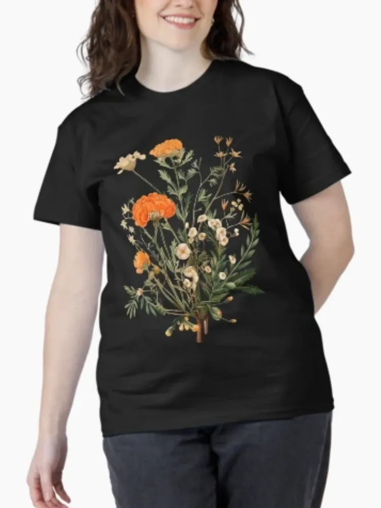 Women's Vintage-Themed Floral Print Crew Neck Short-Sleeve T-Shirt