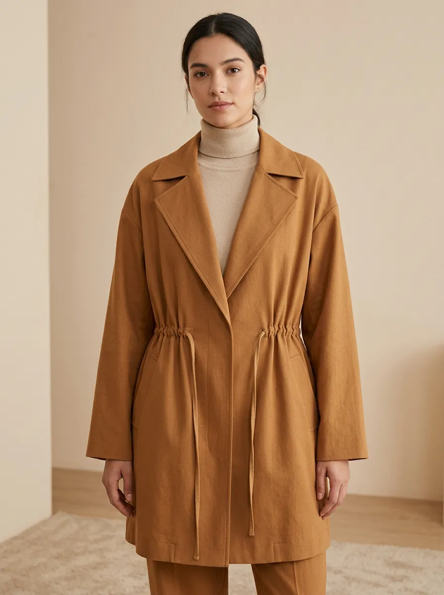 Notched Lapel Drawstring Waist Trench Coat