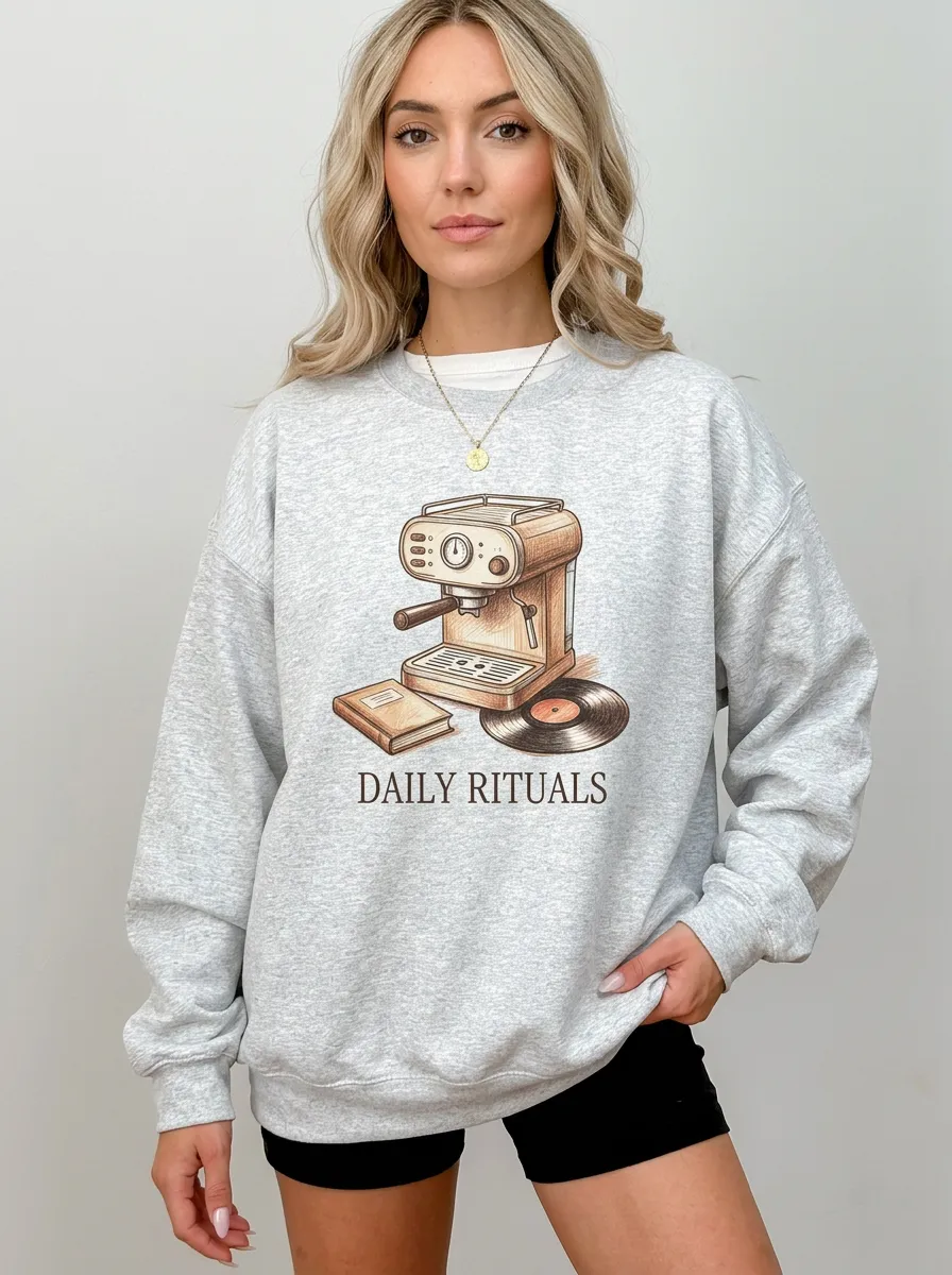 Women's Coffee Daily Rituals Espresso Machine Vinyl Record Graphic Sweatshirt