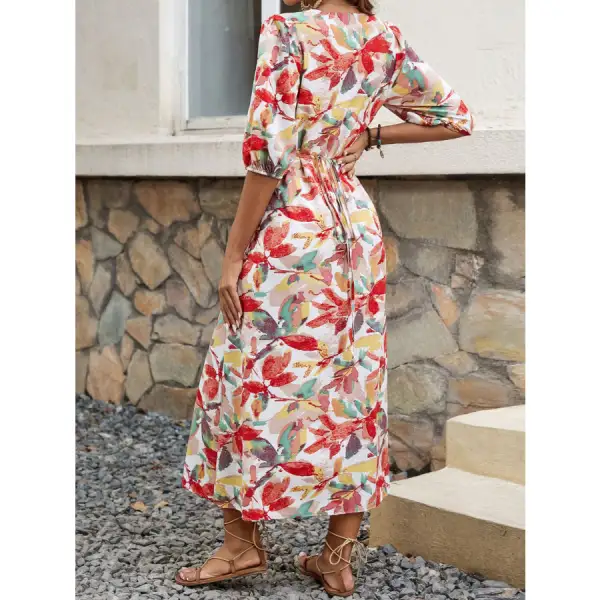 Printed V-neck Half Sleeve Midi Dress