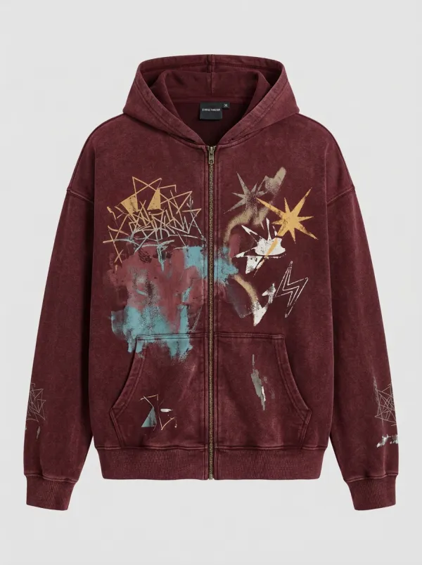 Unisex Streetwear Graffiti Star Lightning Printed Zip-up Hoodie