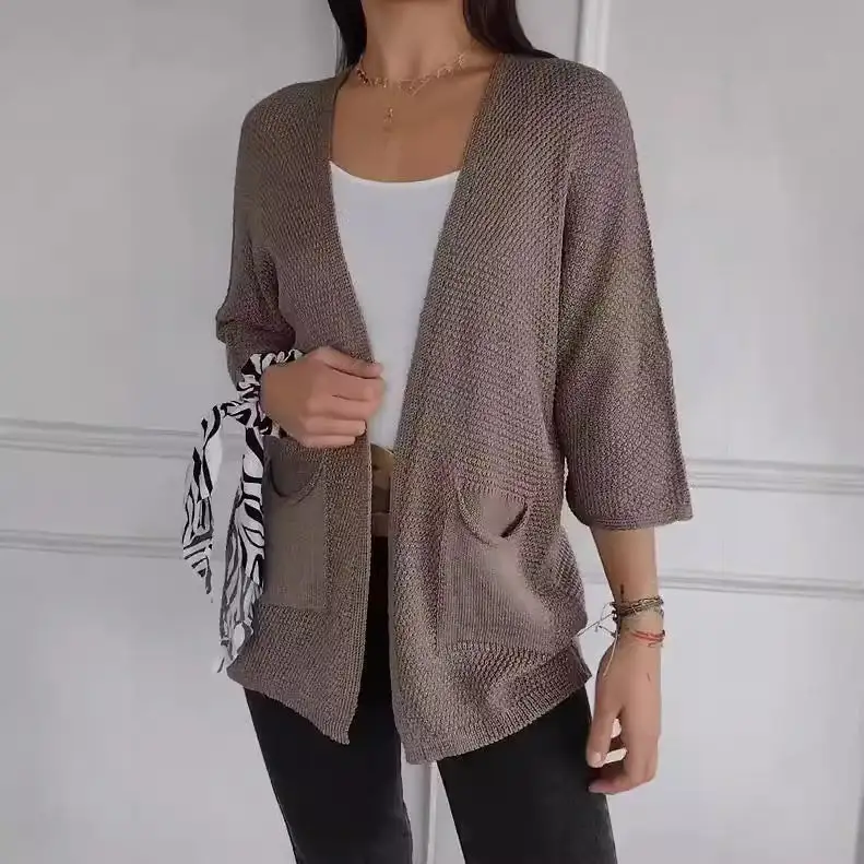 Women's Waffle-Knit Three-Quarter Sleeve Cardigan