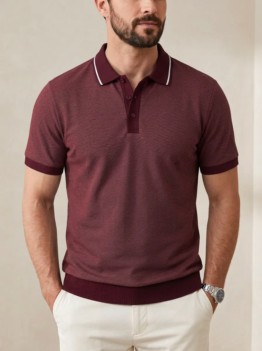 Men's Casual Business Contrast Trim Textured Polo Shirt