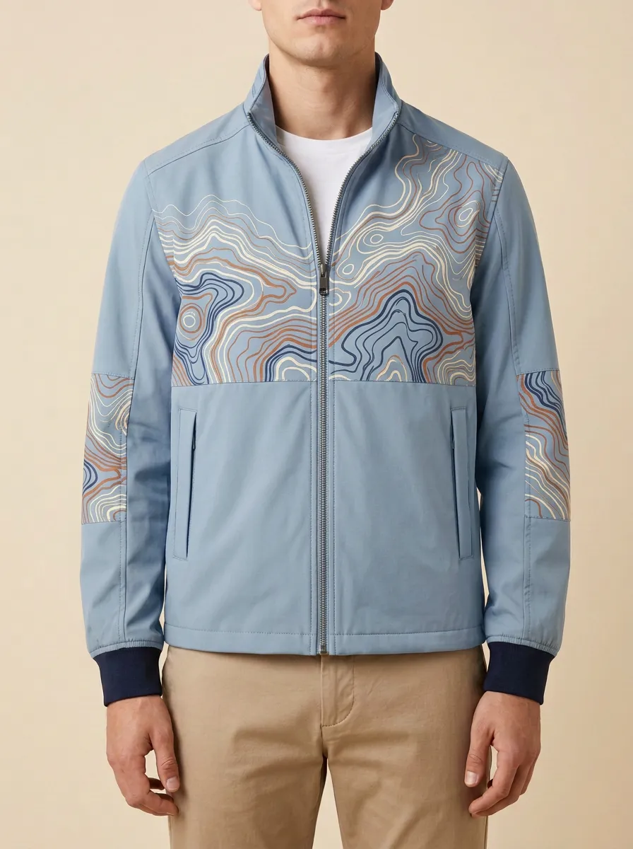 Topographic Print Stand Collar Zip-Up Jacket
