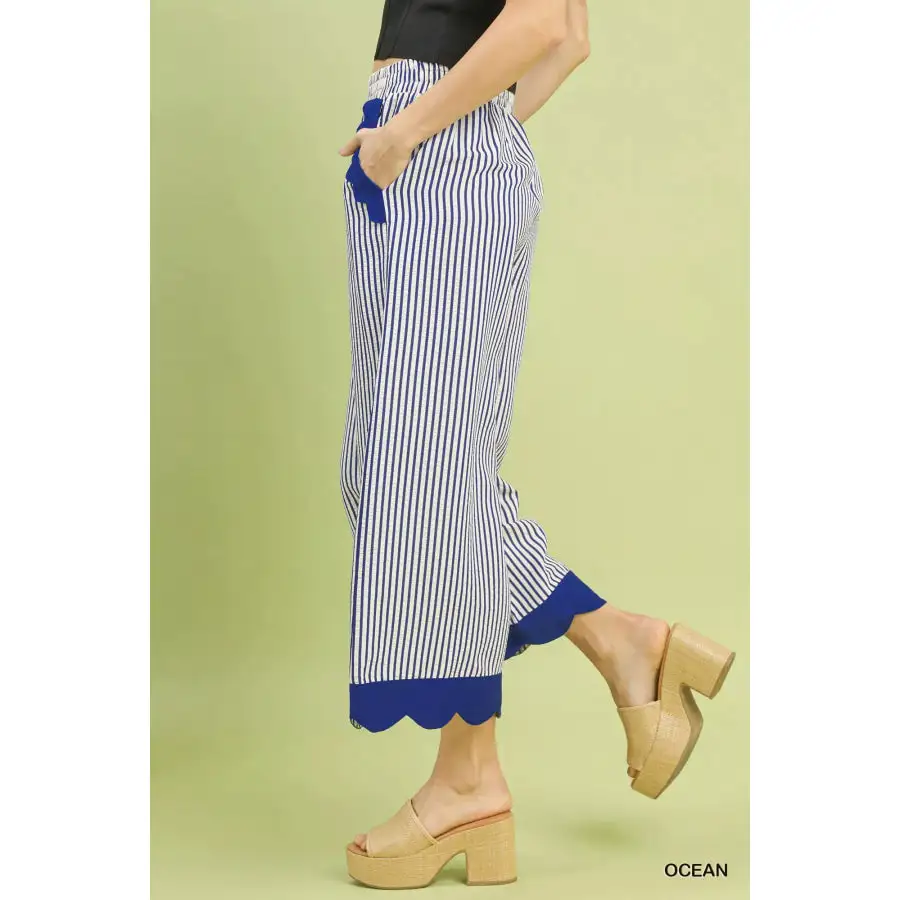 Stripe Scallop Hem Wide Leg Pants