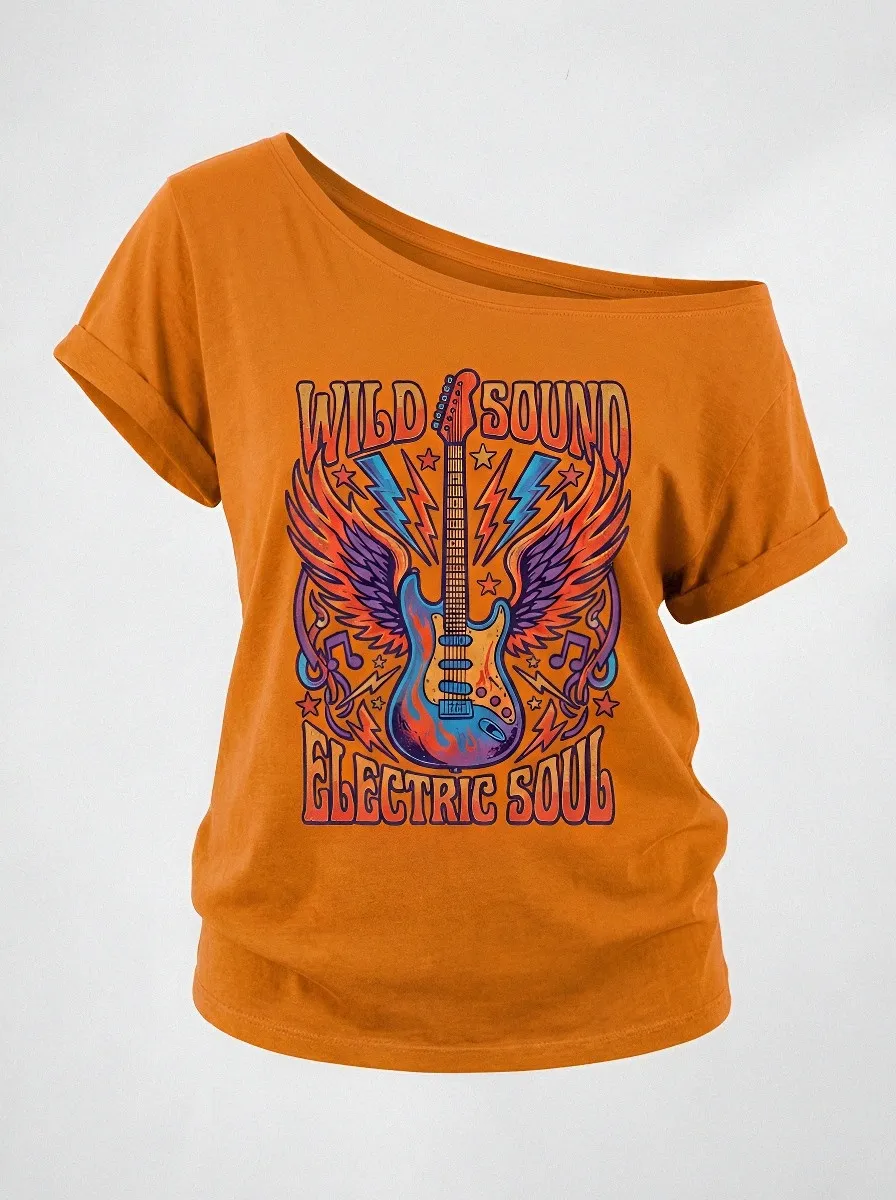 Women's Rock Music Lover Winged Electric Guitar Printed T-shirt