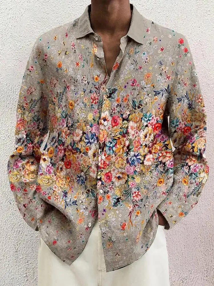 Open Collar Cotton Linen Printed Shirt