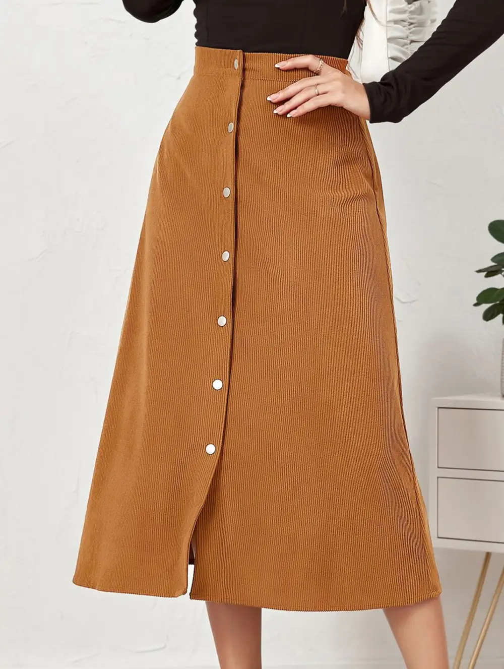 Corduroy Button Front Midi Skirt