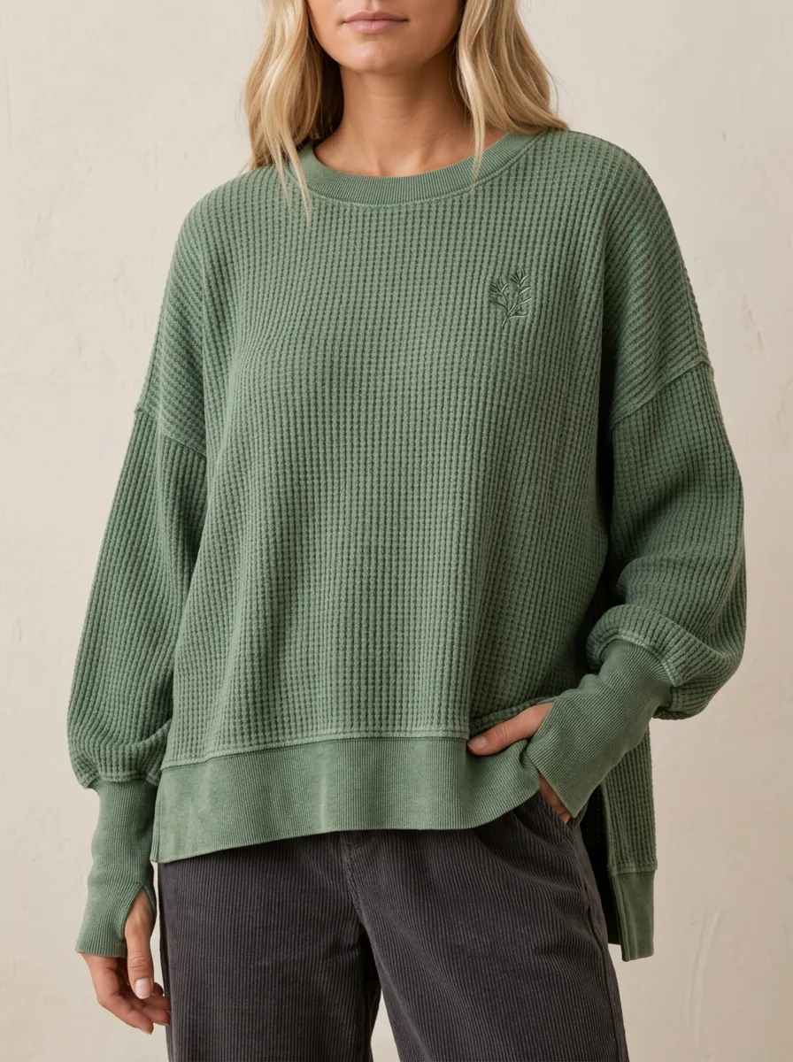 Easygoing Layered Leaf Embroidered Waffle Knit Top