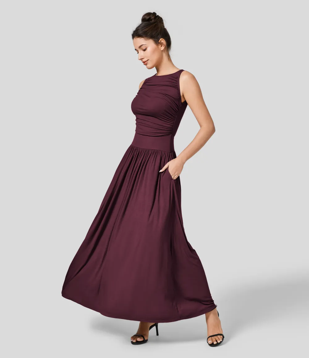 Ribbed Boat Neck Ruched Side Pocket Flowy Maxi Casual Dress
