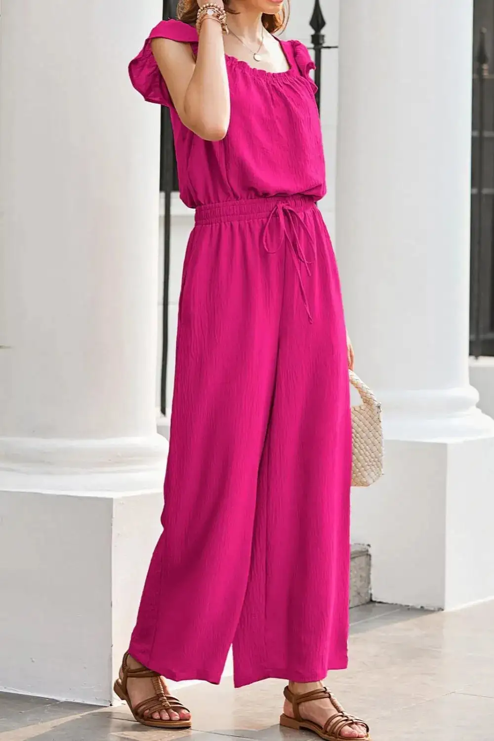 Ruffled Cap Sleeve Wide Leg Jumpsuit Accessory