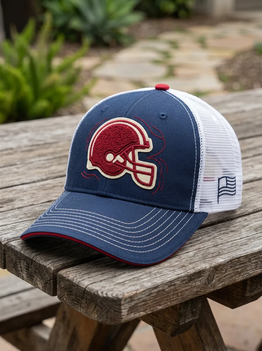 Men's American Football Fan Red Helmet Embroidered Mesh Trucker Hat
