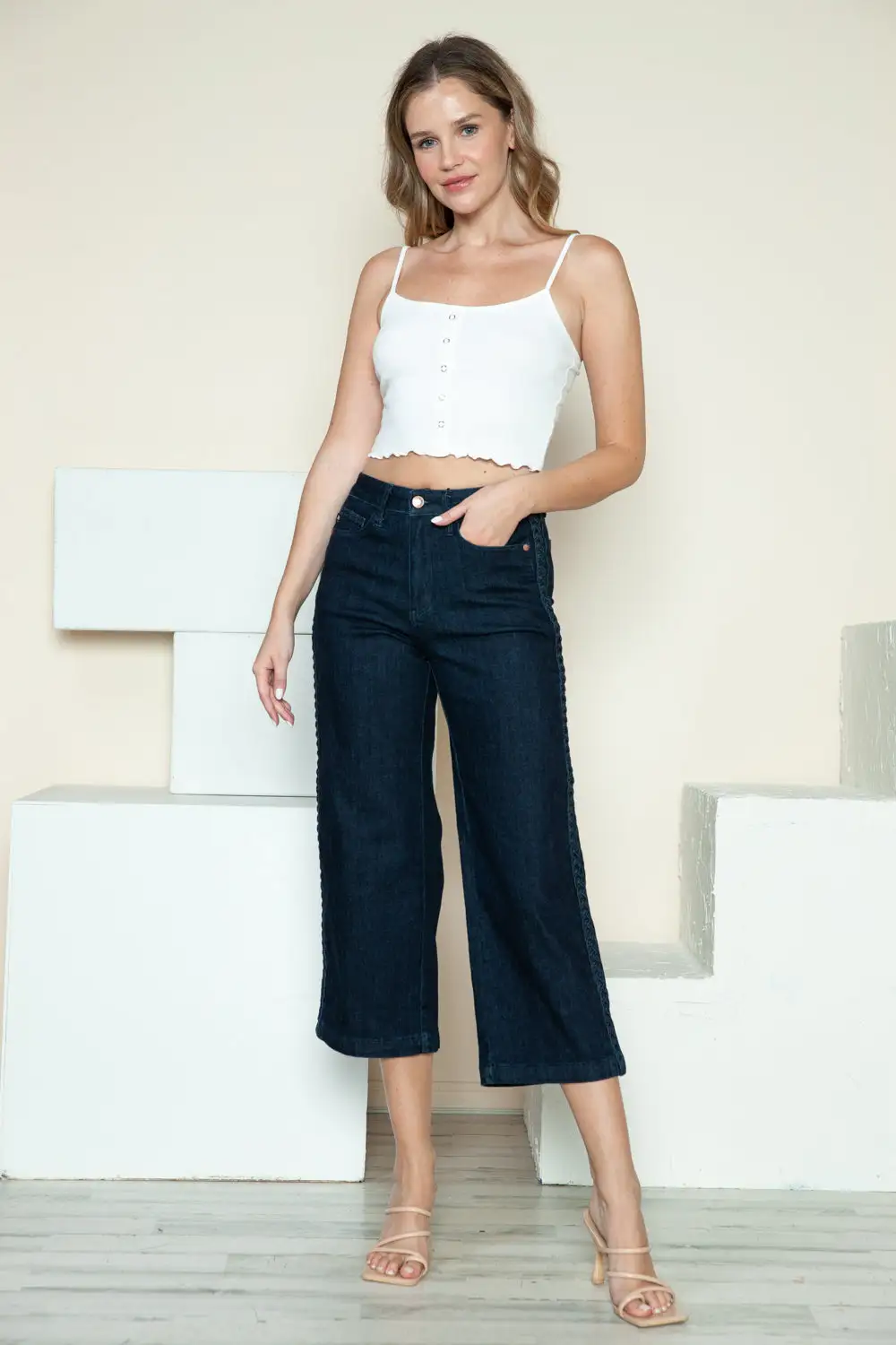 Side Seam Braid Detail Crop Wide Denim Jeans
