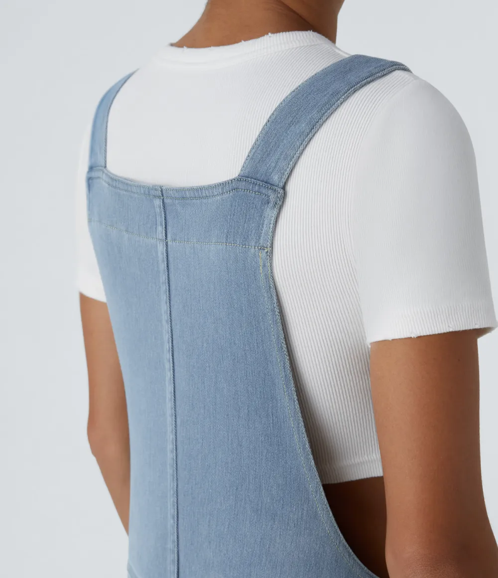 Magic V Neck Side Pocket Washed Stretchy Knit Denim Casual Overalls