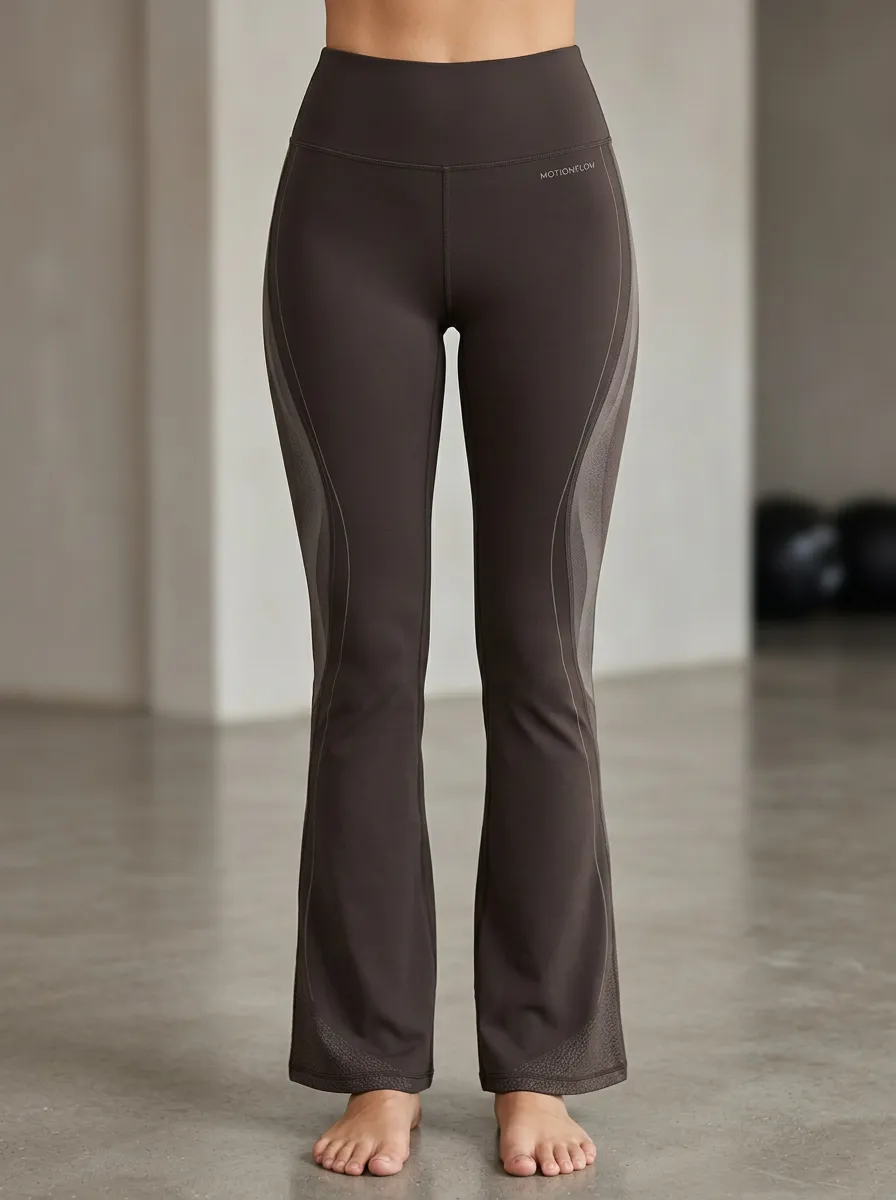 Women’s Mid-Rise Yoga Brown Contrast Panel Printed Mini Flare Yoga Pants