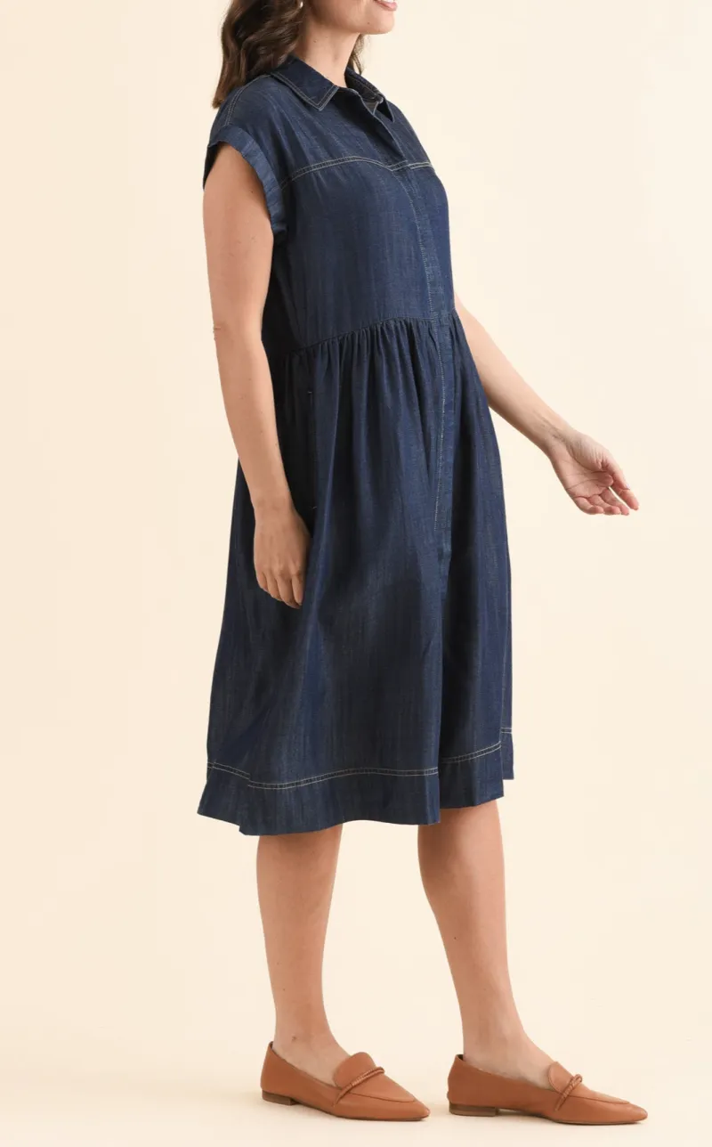 Below-Knee Denim Button-Front Pocket Collared Short-Sleeve A-Line Dress