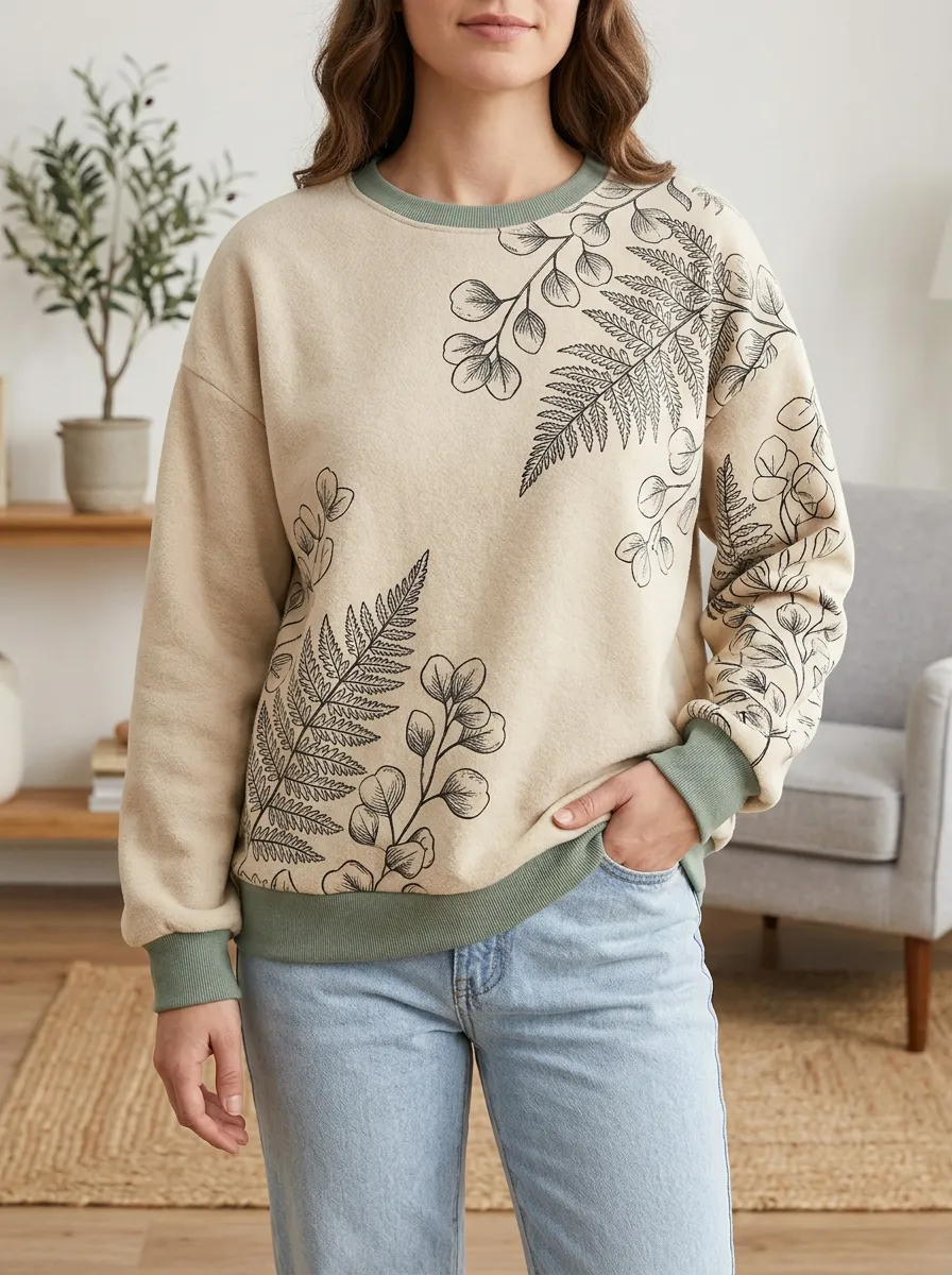 Women's Botanical Nature Lover Fern Eucalyptus Printed Fleece Sweatshirt