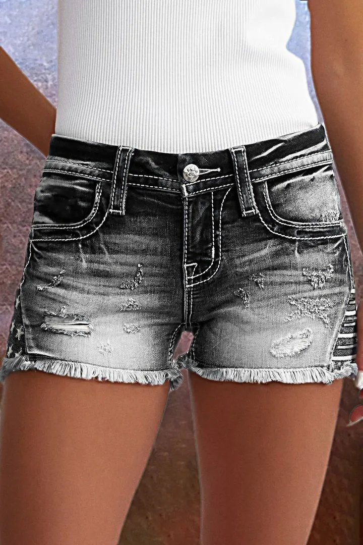 Embroidered Ripped Raw Hem Denim Shorts