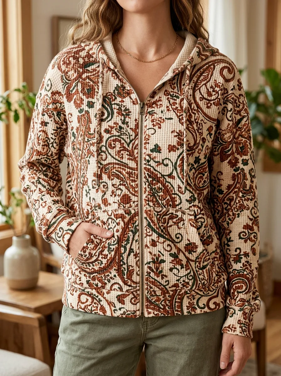 Women's Boho Paisley Signature Direction Waffle Zip-Up Hoodie