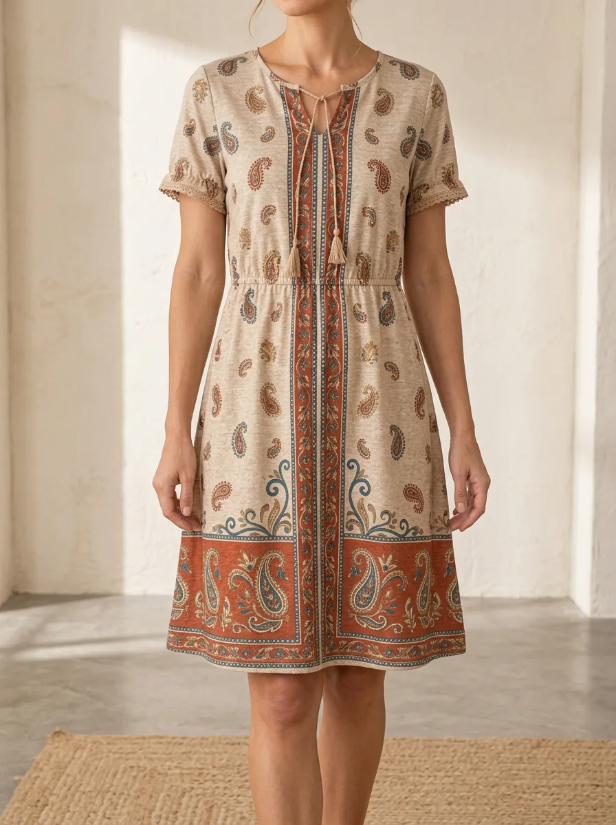 Women's Boho Paisley Floral Printed Tassel V-Neck Dress