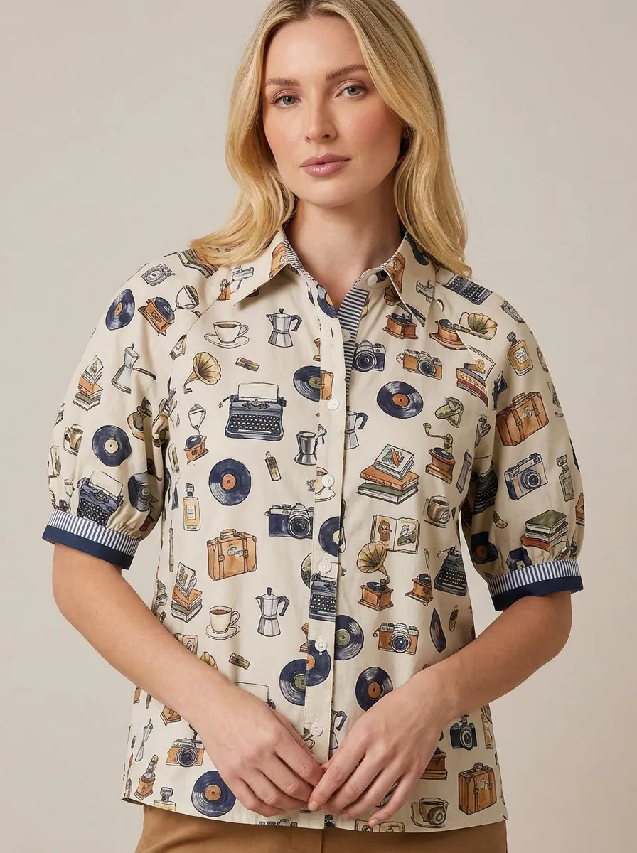 Women's Vintage Hobby Lover Retro Items Printed Shirt