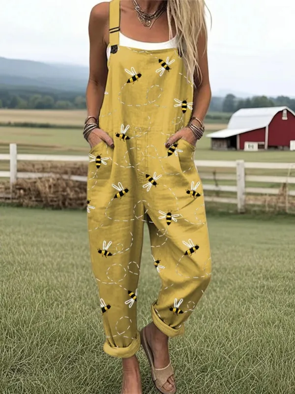 Honeybee Print Dungaree Jumpsuit