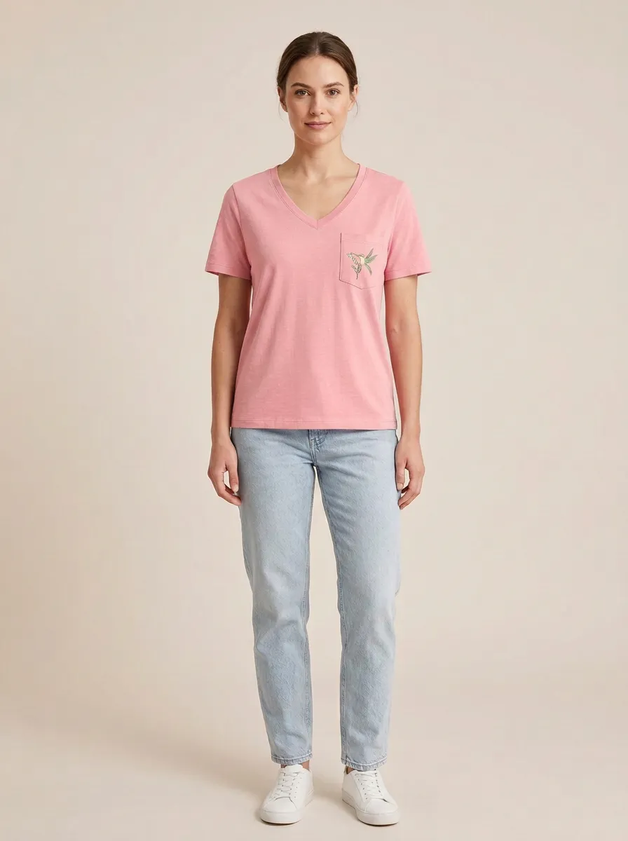 Women's Hummingbird Embroidered Pocket V-Neck T-Shirt