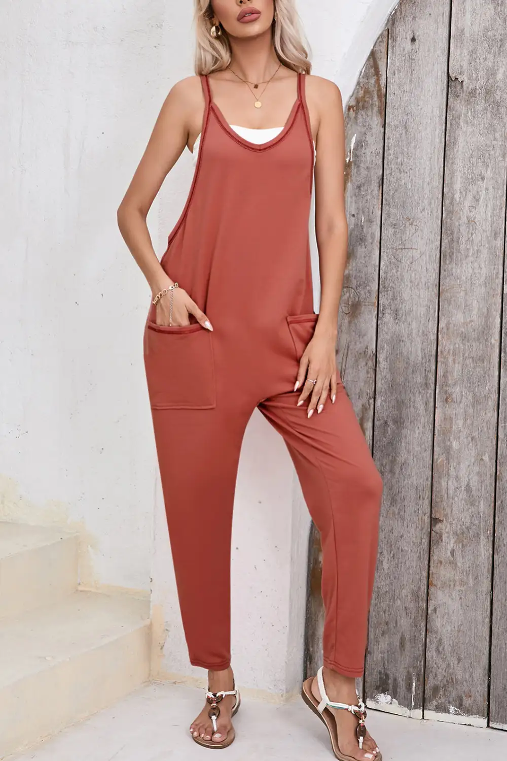 Flame Side Pockets Harem Sleeveless V Pants