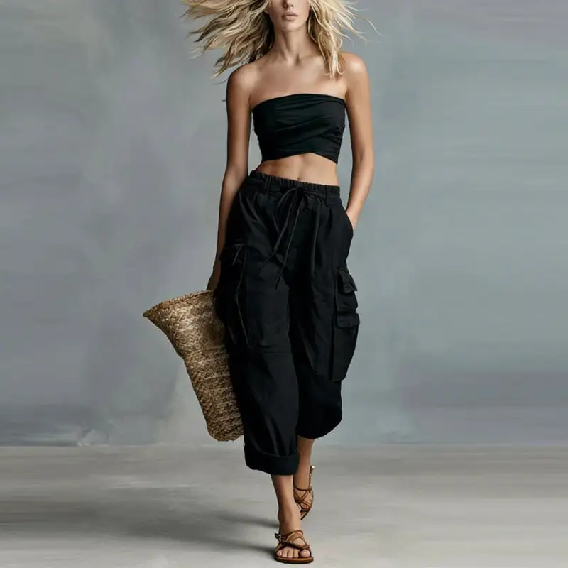 Women's Wide Leg Drawstring Pocket Cargo Pants
