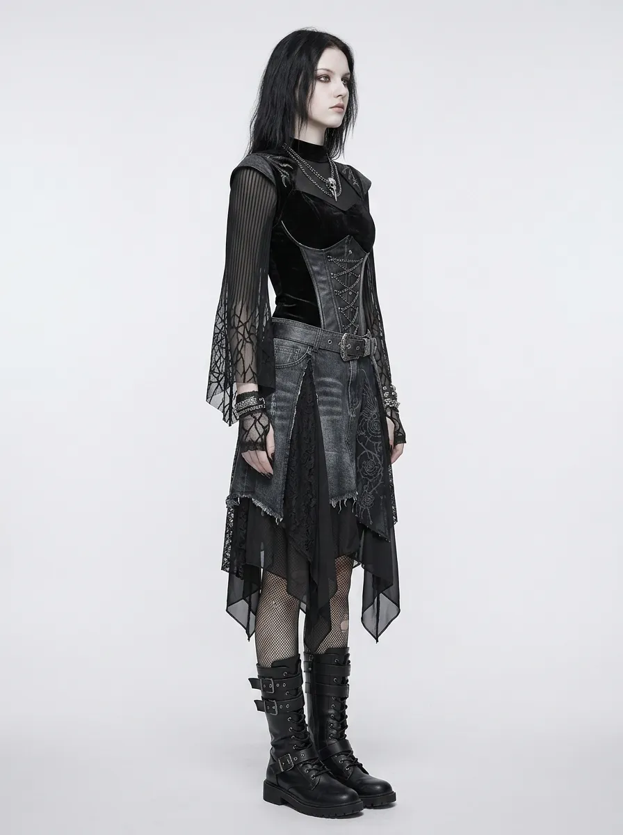 Women's Gothic Punk Rose Lace Printed Top