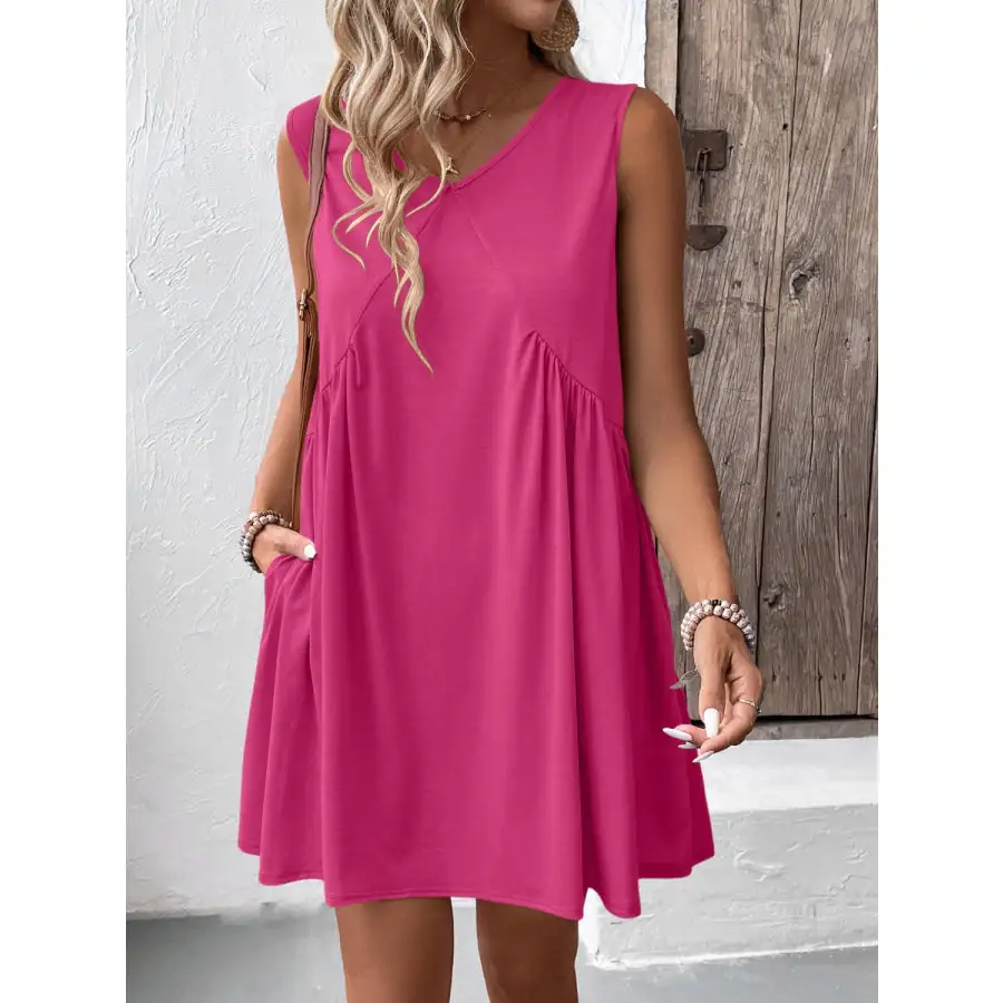 Ruched V-Neck Sleeveless Mini Dress
