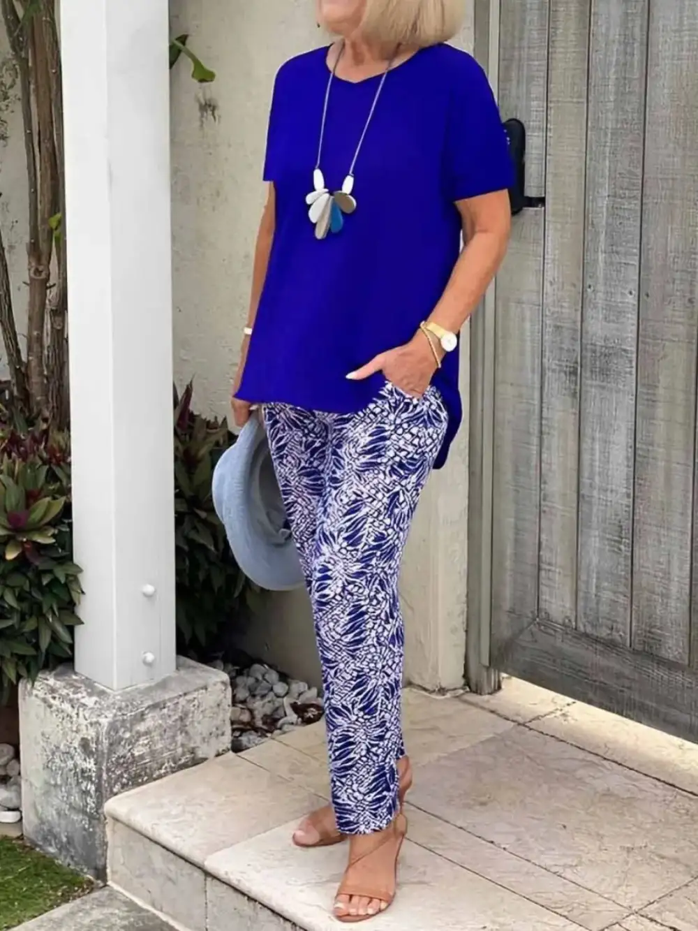 Full Size Round Neck Short Sleeve Top and Pants Set Plus Size Available