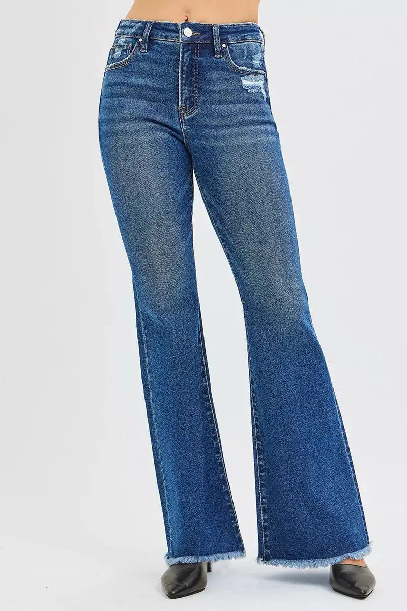 High Rise Raw Hem Flare Jeans