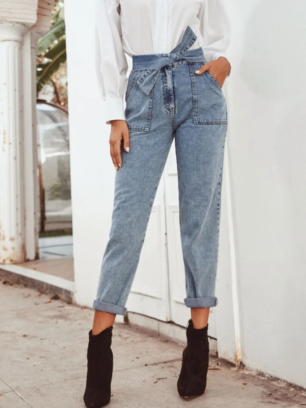 Washed Tie-Waist Pocketed Stretch Straight Leg Jeans